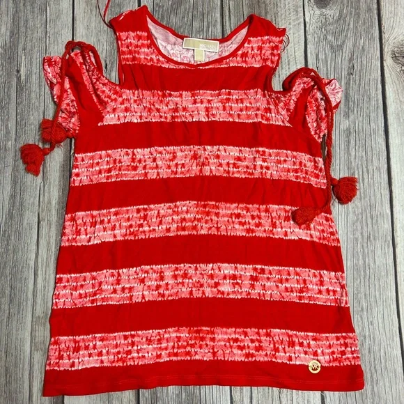 Michael Kors Women’s Large Red Dark Clementine Cold Shoulder Tassled Top Blouse - Picture 5 of 10